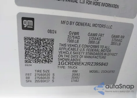 2024 Chevrolet Silverado 1500 4Wd Standard Bed Custom z USA, uszkodzony, nr VIN 1GCRDBEK2RZ395843